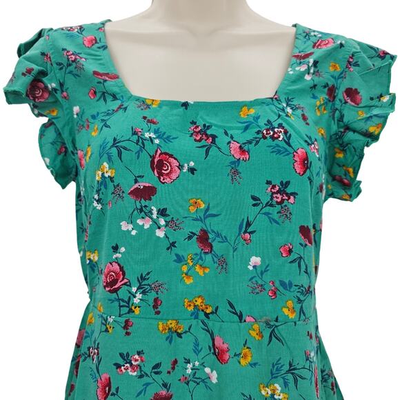 Lottie & Holly B.O.G Womans size S Green Floral Cap Sleeve Mini Dress Tiered NEW - Picture 2 of 8